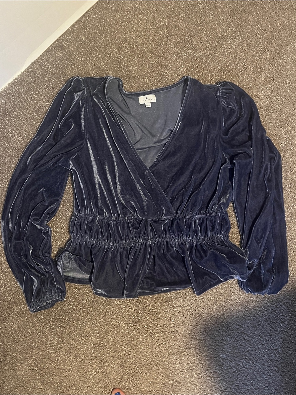 True Craft Navy Velvet Wrap Peplum Blouse